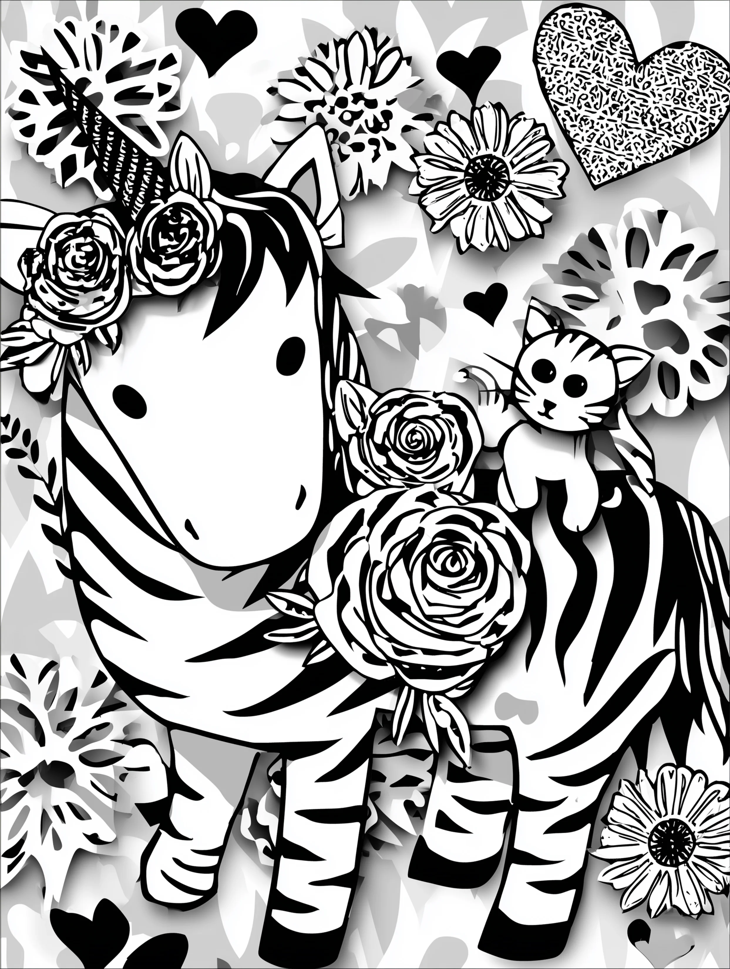 Free printable unicorn coloring page for adults featuring a cat on a unicorn back